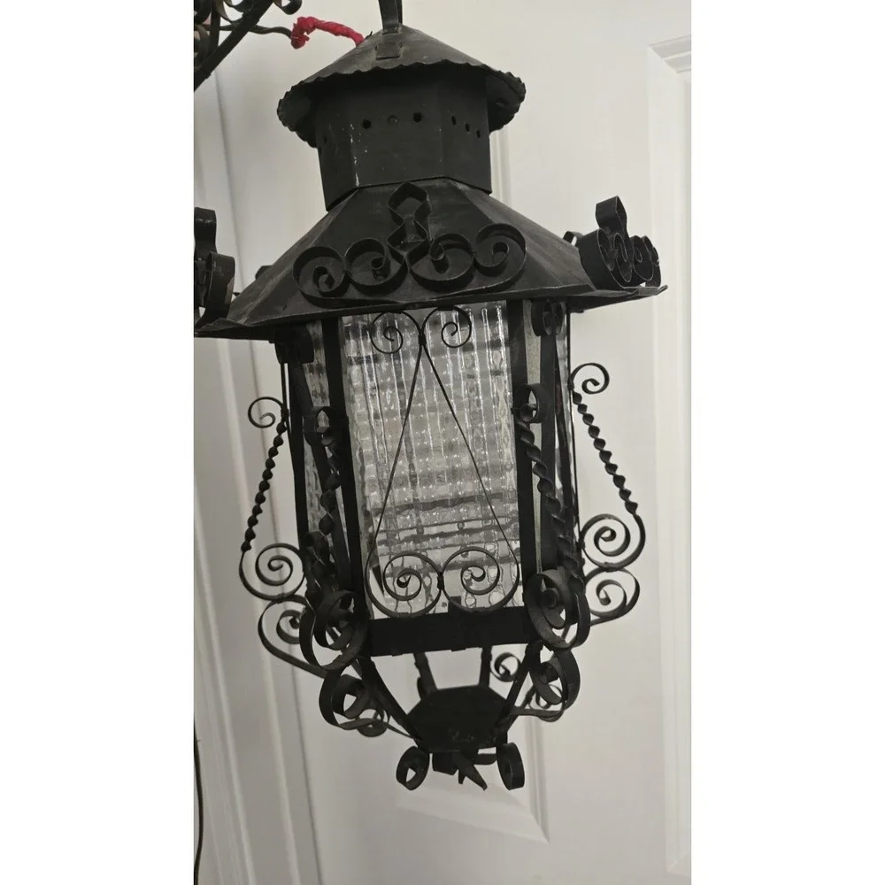 Antique Lantern  Iron Pendant Chandelier Scrolled Glass Gothic Spanish Revival